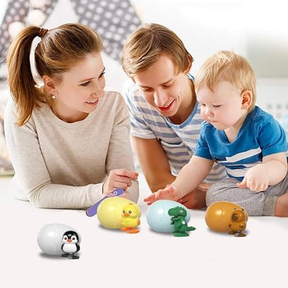 Four different hatched animal figures walking on a flat surface after unboxing.