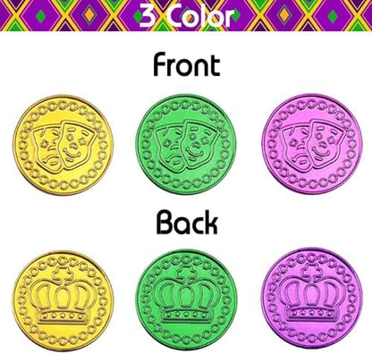 Mardi Gras plastic coins featuring crown and mask patterns