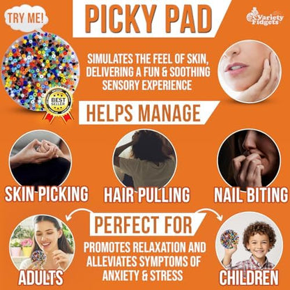 Two pieces of round ten-centimeter sensory pick pads for dermatillomania relief resting on a neutral surface.