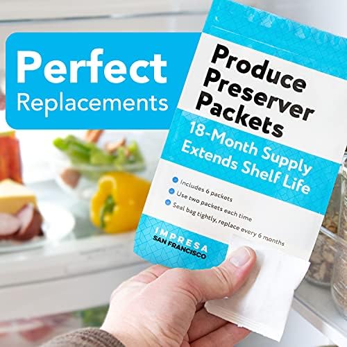 Lifestyle view of Impresa produce sachets placed inside a refrigerator crisper with fresh vegetables.