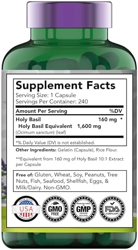 Tnvitamins Holy Basil 1600mg supplement label details