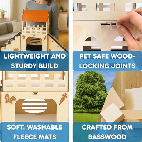 OtterPets Extra Large Bunny Hideout, Cozy Rabbit Castle with Fleece Mats, Wooden Rabbit Hideout, Bunny House Indoor Indoor, Chinchilla, Guinea Pig House (Pet Safe Wood Joints) - Image 4