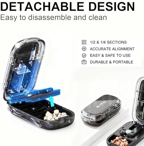 E Chu portable travel medicine cutter displaying the integrated pill storage compartment with stored doses.