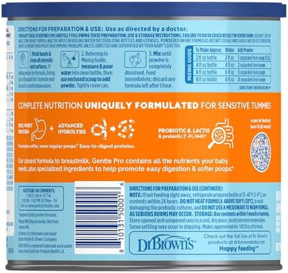 Dr. Brown’s Gentle Pro sensitive tummy infant formula powder showing nutrition facts panel