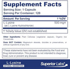 Superior Labs L-Lysine 120 Count capsules supplement facts label
