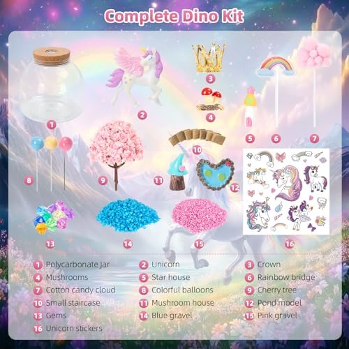 Ednzion DIY craft kit components displayed including colorful gravel, miniature star house, rainbow bridge, and stickers.