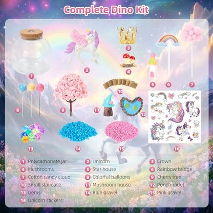 Ednzion DIY craft kit components displayed including colorful gravel, miniature star house, rainbow bridge, and stickers.
