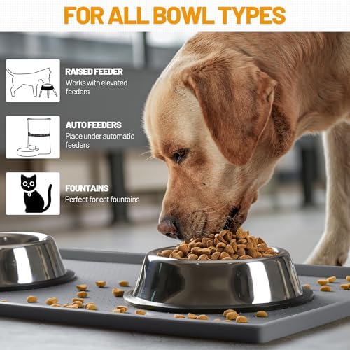 Hubulk grey dog feeding mat placed on kitchen flooring
