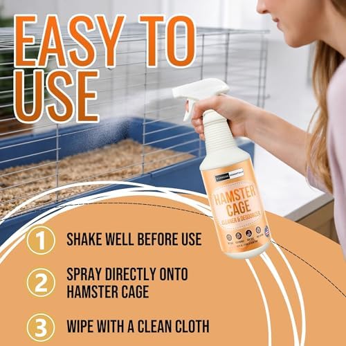 Fast acting residue free small animal deodorizer spray for cage bars and accessories.