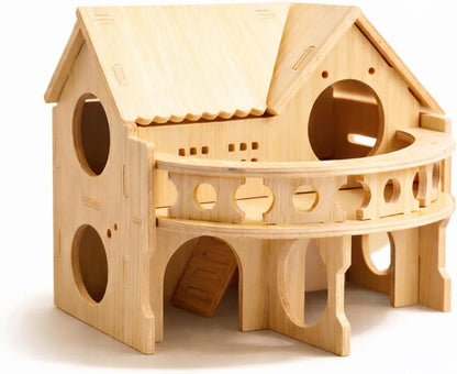Improved Safety Large Balcony Small & Cute Wooden Hamster House with Large Balcony - Double-Decker Forest-Style Hut for Dwarf Hamsters, Mice, Gerbils, Rats & Small Pets (Compact Size Only) - Image 1
