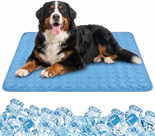 SICOSPI Pet Ice Silk Pad displayed on a living room tiled floor highlighting the non-slip silicone bottom.