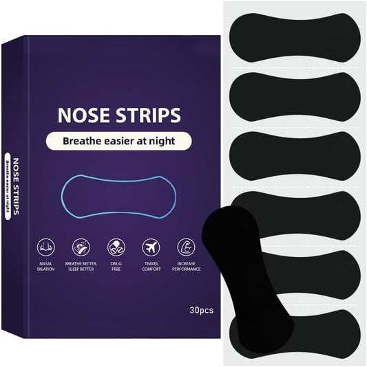Accio Nasal Strips front view of black 30 count box for snoring relief.