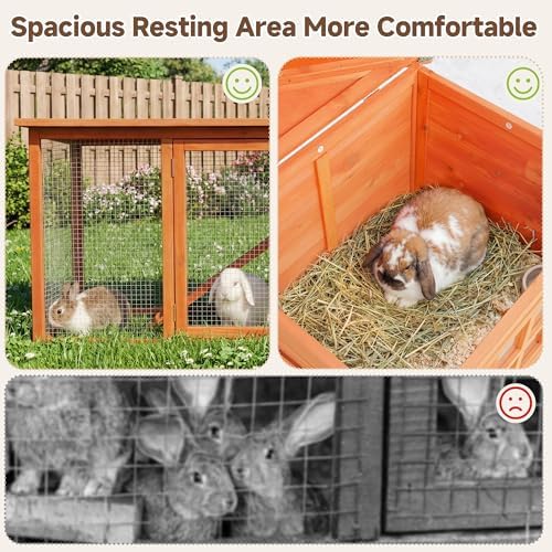 Large Outdoor Indoor Rabbit Hutch Wooden Bunny Rabbit Cage 2-Story with Run No-Leak Pull-Out Tray Waterproof Asphalt Roof Ramp for Guinea Pig Small Animal Wood Pet House Home Orange - Image 4