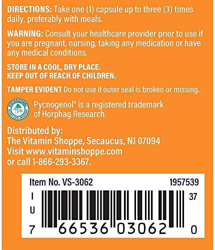 The Vitamin Shoppe Pycnogenol antioxidant botanical extract ingredients label