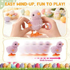 Demonstration of the mechanical jumping chick toy hopping across a smooth wooden table surface after being fully wound up