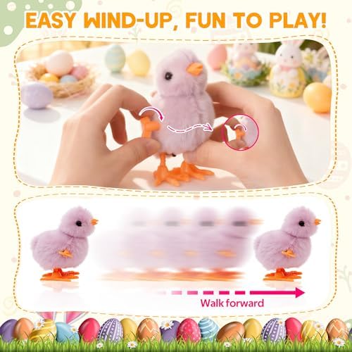 Demonstration of the mechanical jumping chick toy hopping across a smooth wooden table surface after being fully wound up