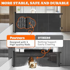 Pawtners pet gate indoor for stairs demonstrating the extended seventy one inch wide black mesh fabric