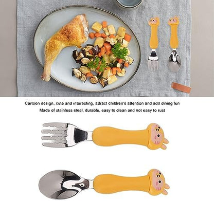 Side angle of the ergonomic child spoon and fork set for easy self-feeding.