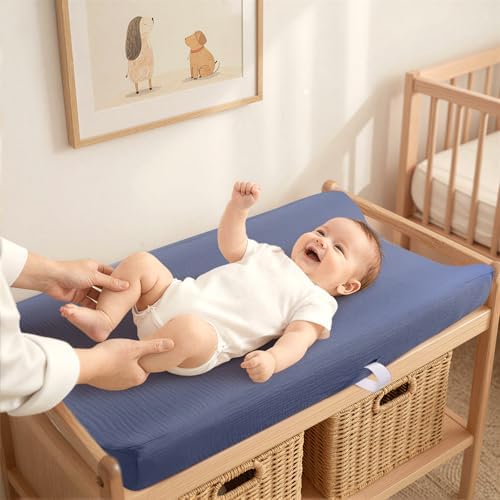 Lulumoon premium infant changing pad sheets showing safety buckle strap holes