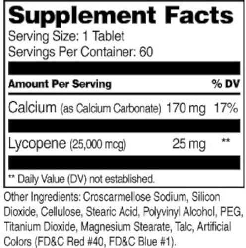 21st Century Lycopene 25 mg supplement facts and ingredient list side panel view
