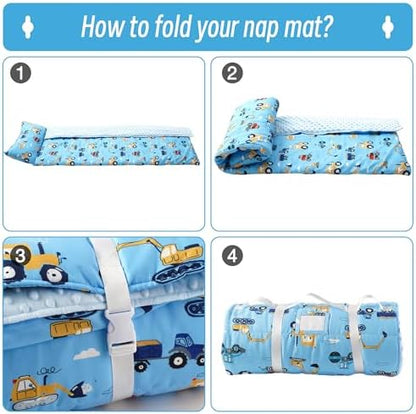 Bunnikins & Clover children sleeping bag rolled up securely with the handle and name card pocket visible.