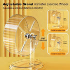 Transparent dwarf hamster running wheel with etched graphic decorations.