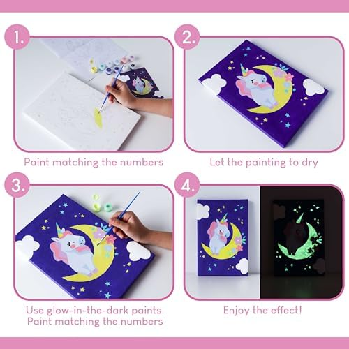 BONNYCO unicorn canvas painting shining in a dark room using phosphorescent glow in the dark paint effects