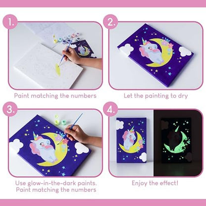 BONNYCO unicorn canvas painting shining in a dark room using phosphorescent glow in the dark paint effects