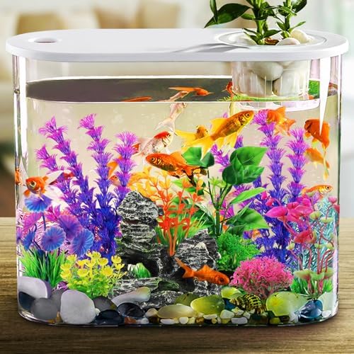 Colorful nine piece fish tank decor assortment arranged in a freshwater aquarium setup.