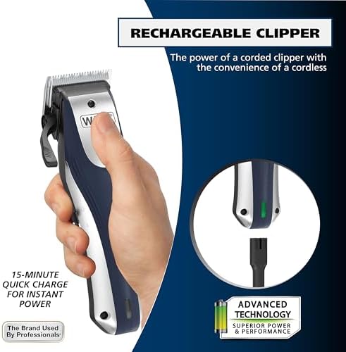 Wahl rechargeable hair clippers with complete set of twelve snap and lock guards.
