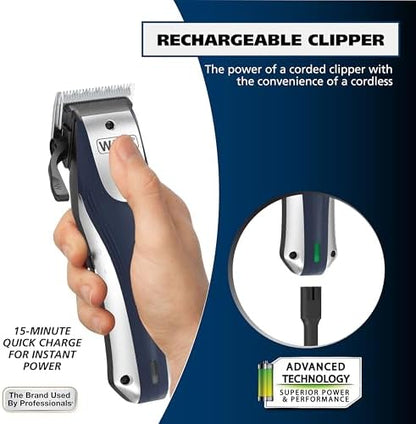 Wahl rechargeable hair clippers with complete set of twelve snap and lock guards.