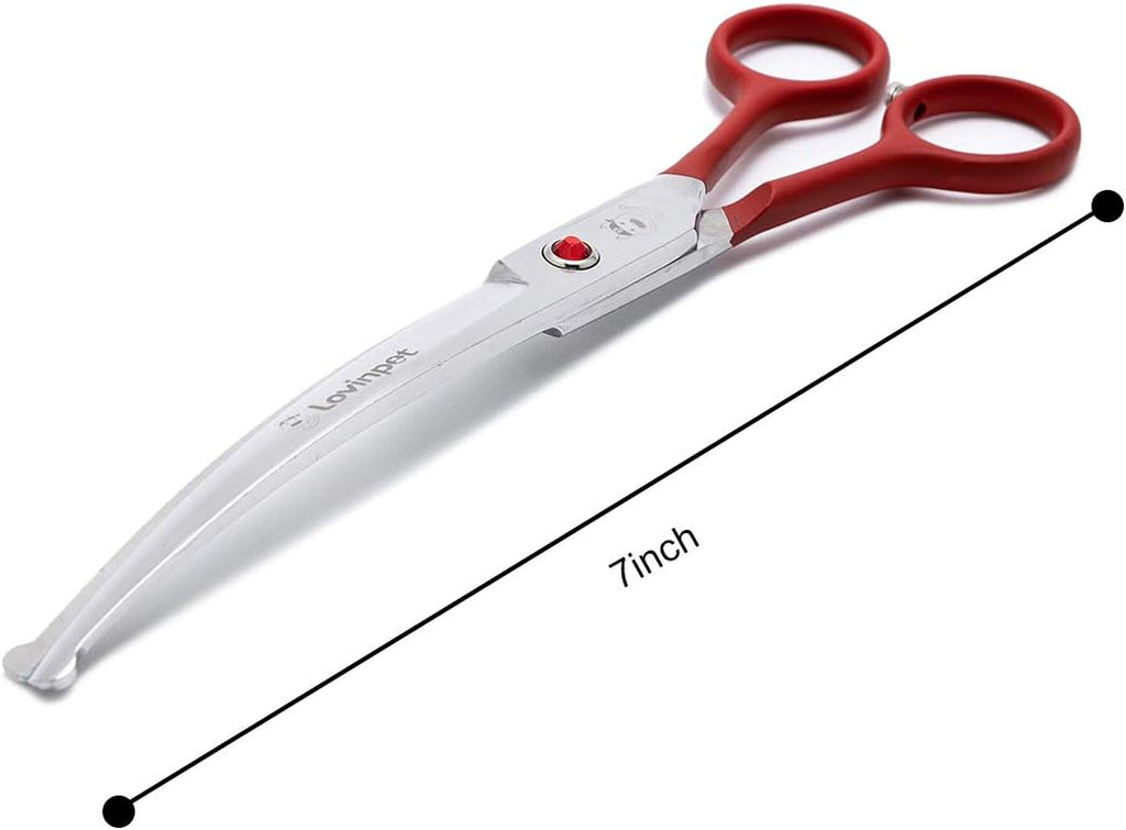 LovinPet professional grooming scissors demonstrating the ergonomic ambidextrous handle design.