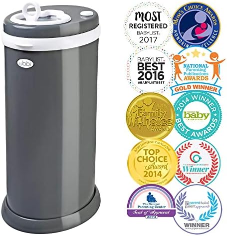 Ubbi odor locking disposal bin showing sliding lid mechanism