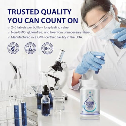 Side angle of Stior electrolyte replenisher bottle emphasizing non-GMO and gluten-free product seals.