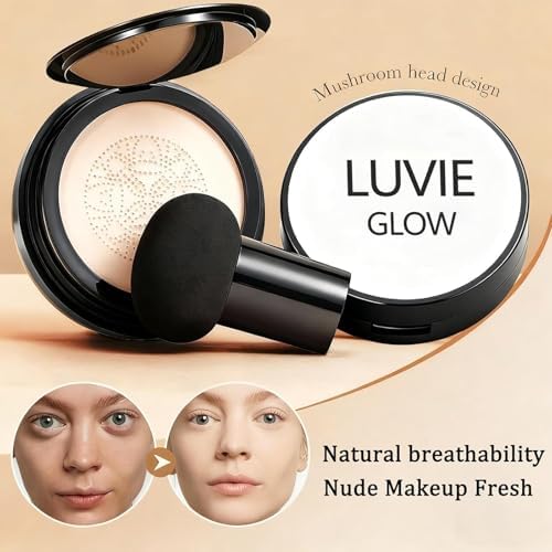 Luvie Glow foundation compact open showing mushroom puff applicator