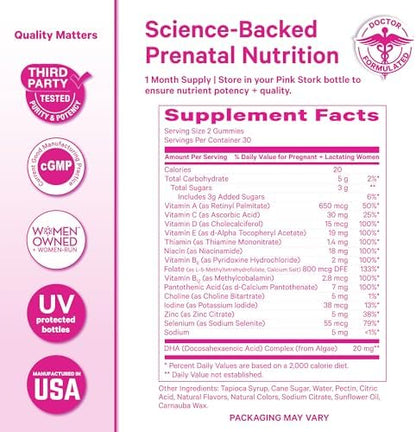 Authentic USA imported Pink Stork prenatal gummies packaging