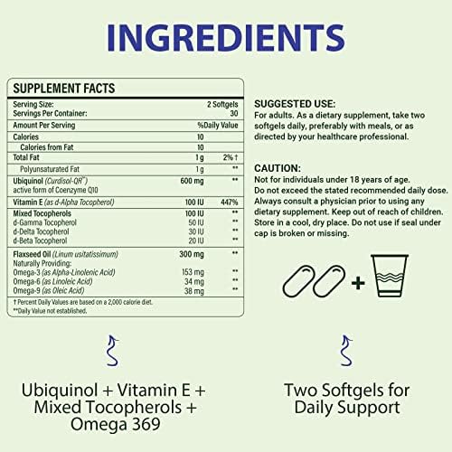 Mistaccy active form Ubiquinol 600 milligram liquid gel capsules ingredient label closeup