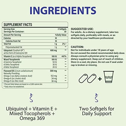 Mistaccy active form Ubiquinol 600 milligram liquid gel capsules ingredient label closeup