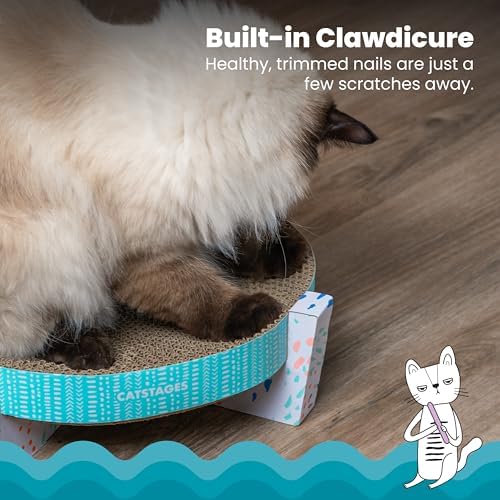 Catstages cardboard cat scratcher top down view with geometric pattern.