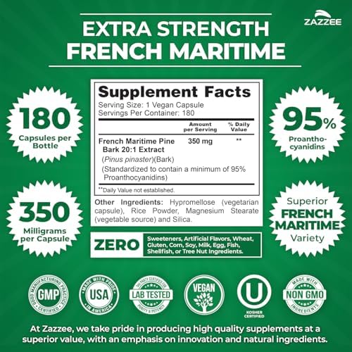 Back label of Zazzee French Maritime Pine Bark supplement displaying nutritional facts and ingredient breakdown.