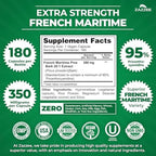 Back label of Zazzee French Maritime Pine Bark supplement displaying nutritional facts and ingredient breakdown.