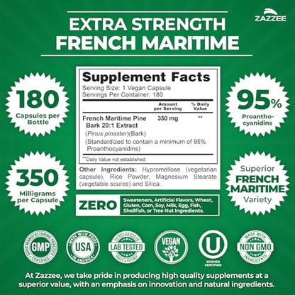 Zazzee Pine Bark 350 mg supplement showing ingredients and 95 percent proanthocyanidins certification