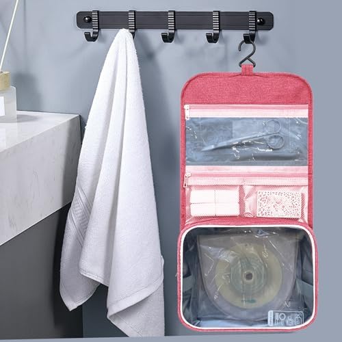 Stylish pink colostomy bag cover and travel kit for female patients.