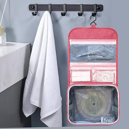 Stylish pink colostomy bag cover and travel kit for female patients.