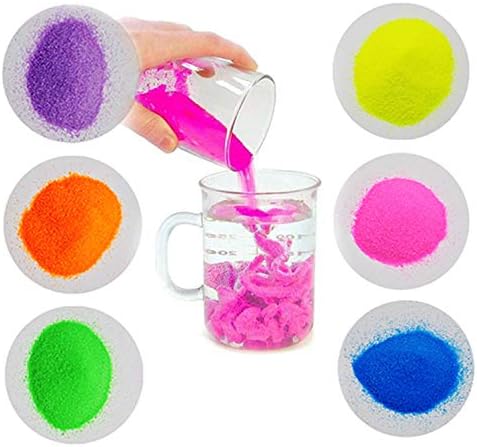Six pack of non toxic colored sand jars highlighting orange yellow green and purple options.