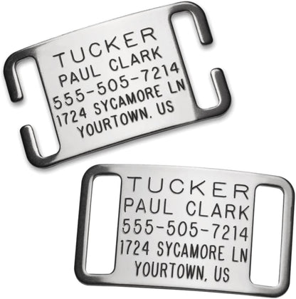 Rust resistant personalized pet identification plate layout.