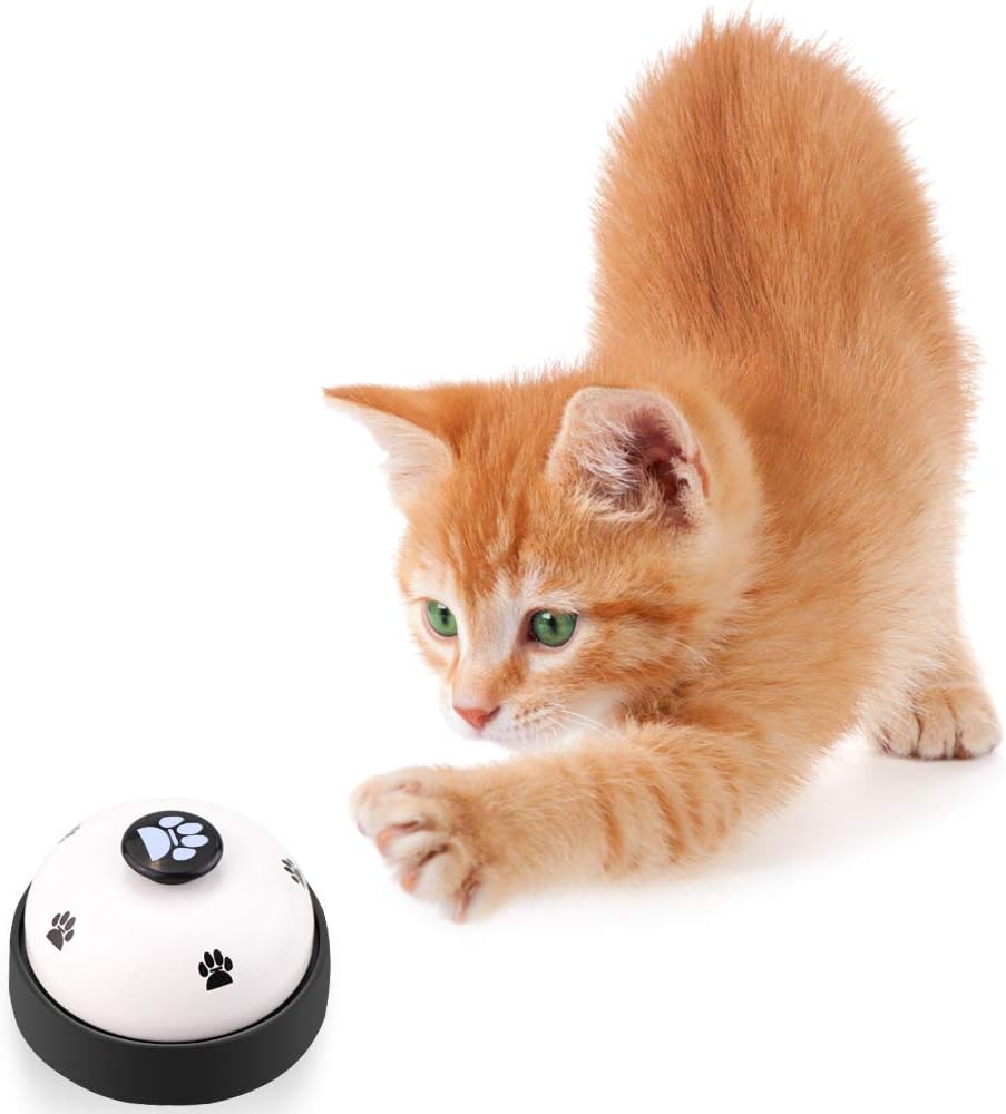 Two white metal pet bells with paw prints