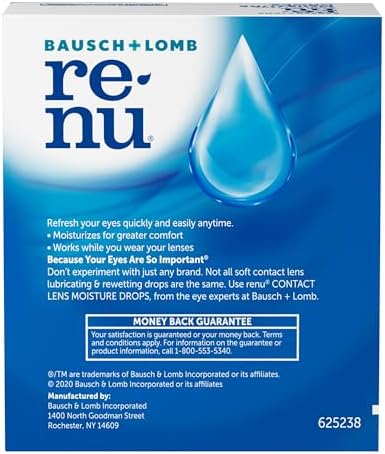 Two bottles of ReNu rewetting eye drops for soothing dry eyes while wearing soft contacts