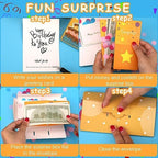 Step by step demonstration of flattening and loading money into the reusable explosion gift box.