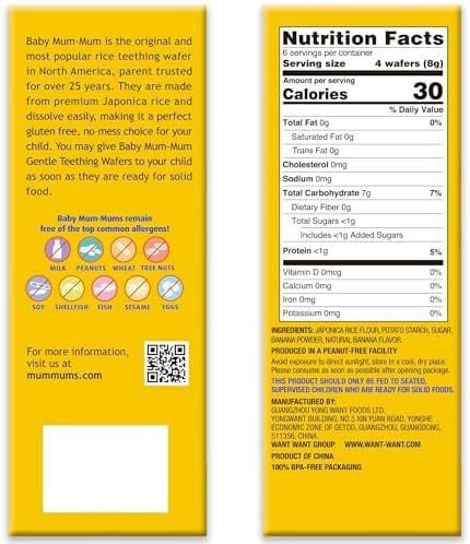 Baby Mum-Mum banana flavored rice rusks showing the gluten free and allergen free certification seals.